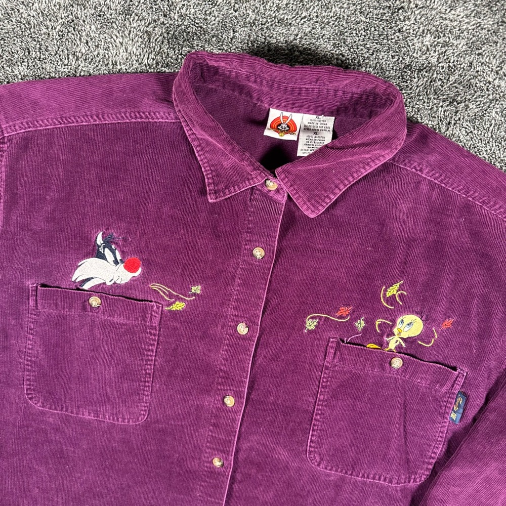 VTG Looney Tunes Shirt Women XL Purple Corduroy Sylvester Tweety 90s